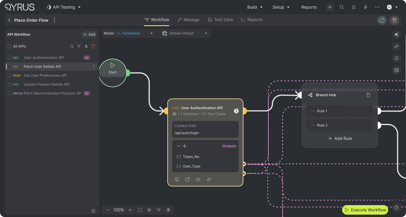 Qyrus API Flow builder showing a start node, authentication API outputs, branch hub rules, and connected workflow paths